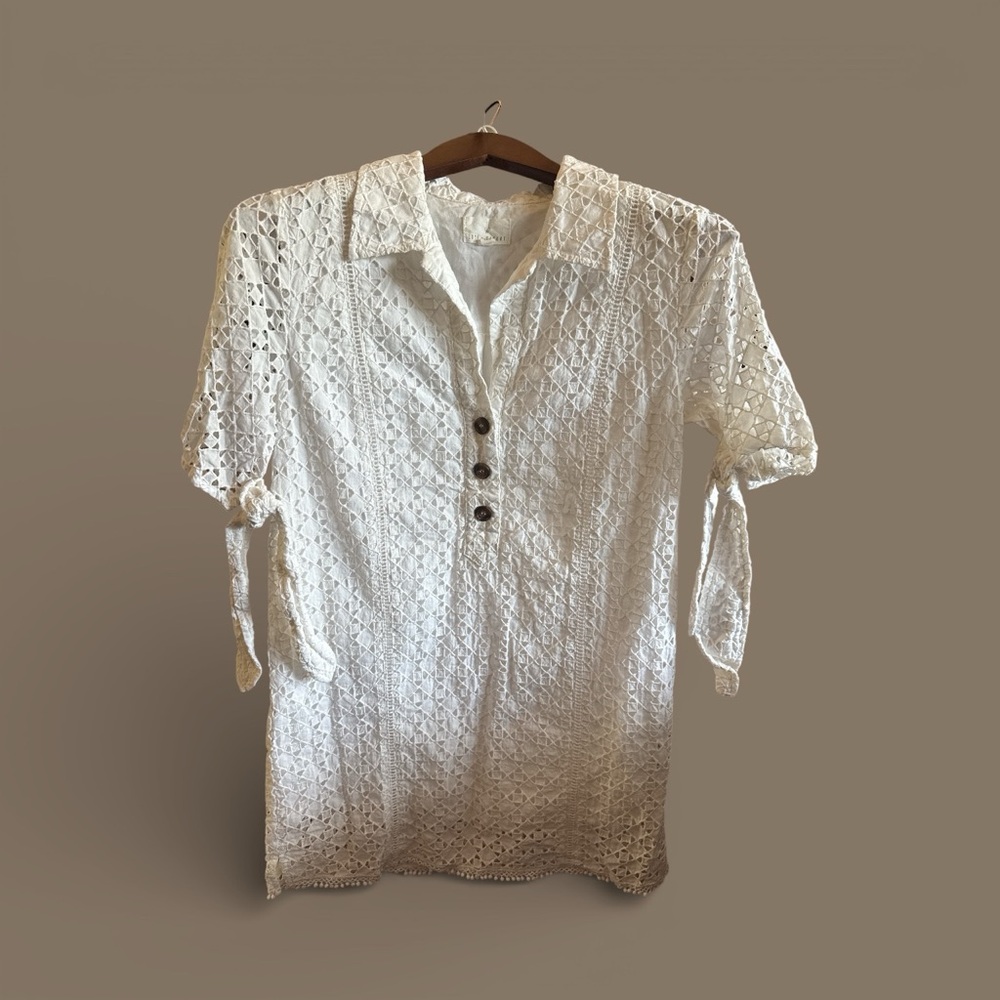 Lost + Wander White Lace Button Down Eyelet Tunic Boho Resort-wear Blouse Shirt